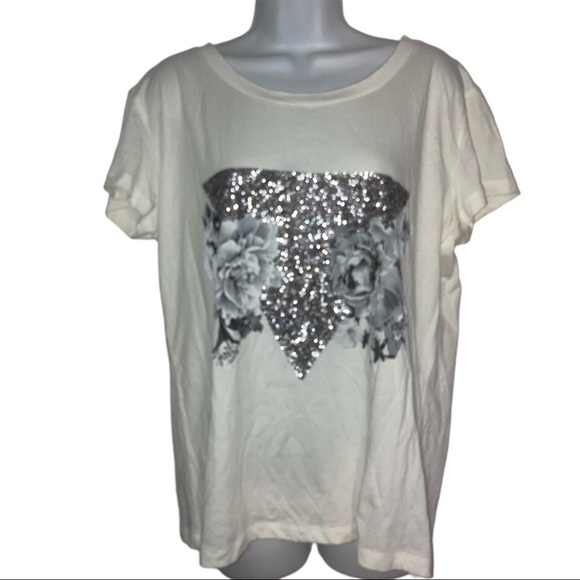 NWT Express Silver Sequin White Tee Shirt L - Picture 1 of 4